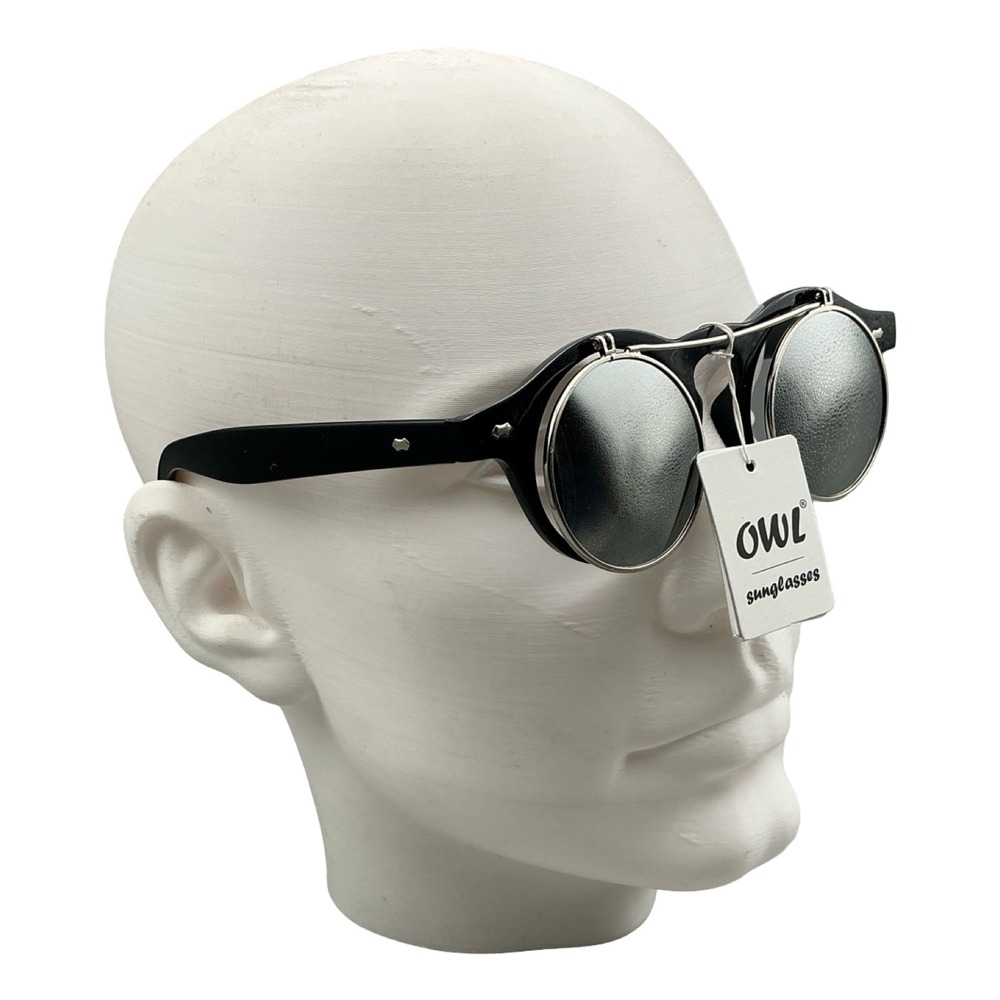 OWL Flip Up Steampunk Sunglasses 8561A Black Silver Mirror Round Dual Lens
